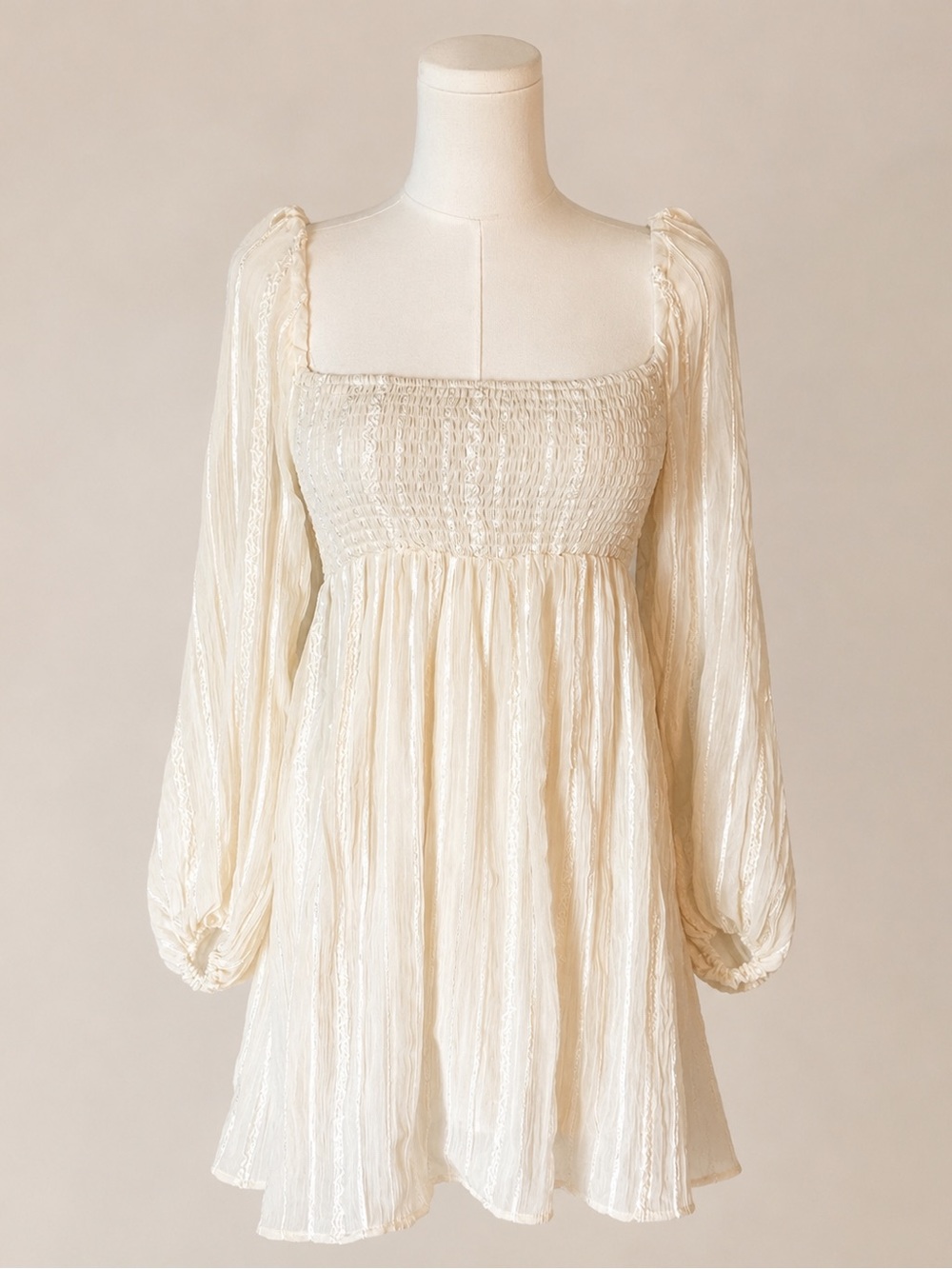 Altar’d State XS Ivory Shimmer Metallic Stripe Smocked Mini Dress Puff Sleeve